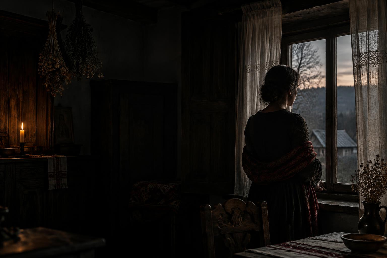 Maria Cataleya privind pe fereastra unei case vechi