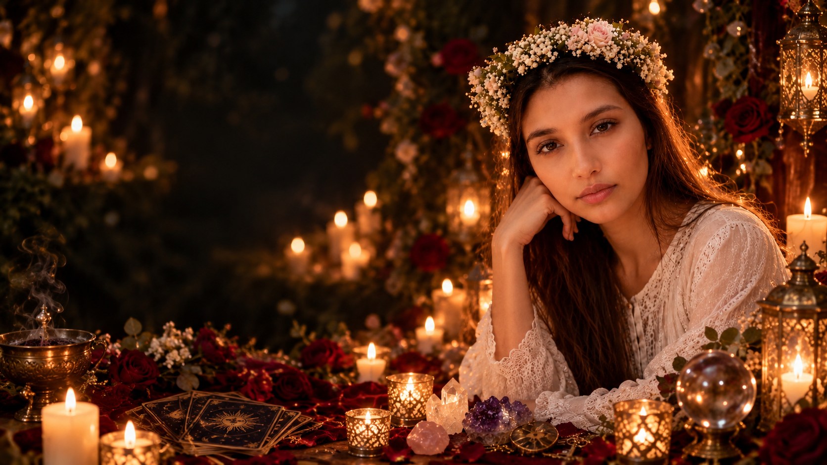 Maria Cataleya într-un cadru ritualic cu lumânări, flori, tarot și cristale