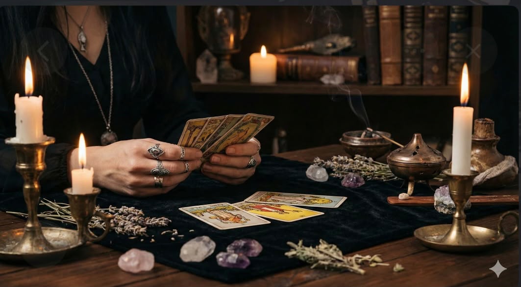 Citire tarot într-un decor intim cu lumânări, plante și cristale